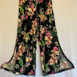GILI Floral Print Black Italian‎ Palazzo Pants Pockets Wide Leg Slit Hem Boho L